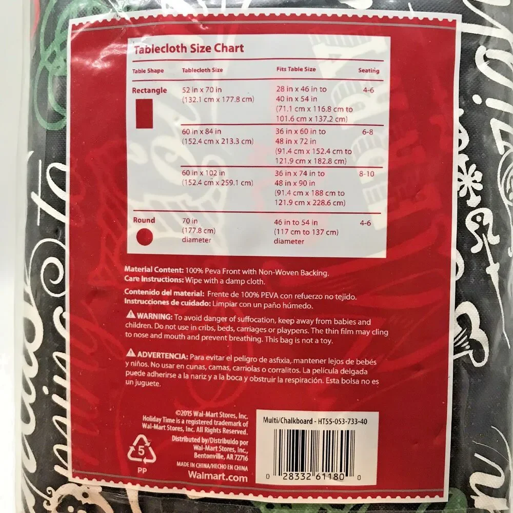 NEW Holiday Time Black Christmas Tablecloth Flannel Back Vinyl 70 inch Round